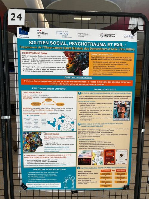 À l’occasion du colloque « Soutien social et psychotraumatisme » organisé par le Centre national de ressources et résilience (CN2R), l’Observatoire de la santé mentale des demandeurs d’asile, rattaché à la Direction des métiers, a présenté ses travaux sous la forme d’un poster scientifique.